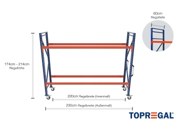 2,3 m mobile individual rack IR2000 / 1.740  - 2.140 mm high / 60 cm deep / 2 levels 