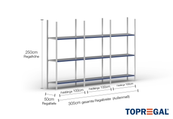 3 m Fachbodenregal FB200 / 50 cm tief / 2,5 m hoch / 3 Ebenen / Auflage Stahl / Fachlast 200 kg 
