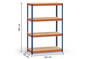 1,2 m Fachbodenregal FB500 / 60 cm tief / 1,8 m hoch / 4 Ebenen / Auflage Holz / Fachlast 500 kg 
