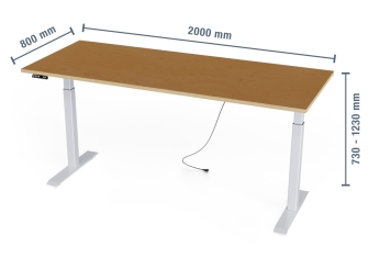 Table de travail avec réglage électrique en hauteur, plaque multiplex 2.000 mm x 800 mm, charge utile 80 kg 