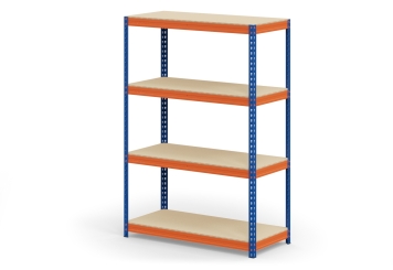 1,2 m Fachbodenregal FB500 / 45 cm tief / 1,8 m hoch / 4 Ebenen / Auflage Holz / Fachlast 500 kg 