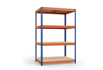 1,2 m Fachbodenregal FB500 / 45 cm tief / 1,8 m hoch / 4 Ebenen / Auflage Holz / Fachlast 500 kg 