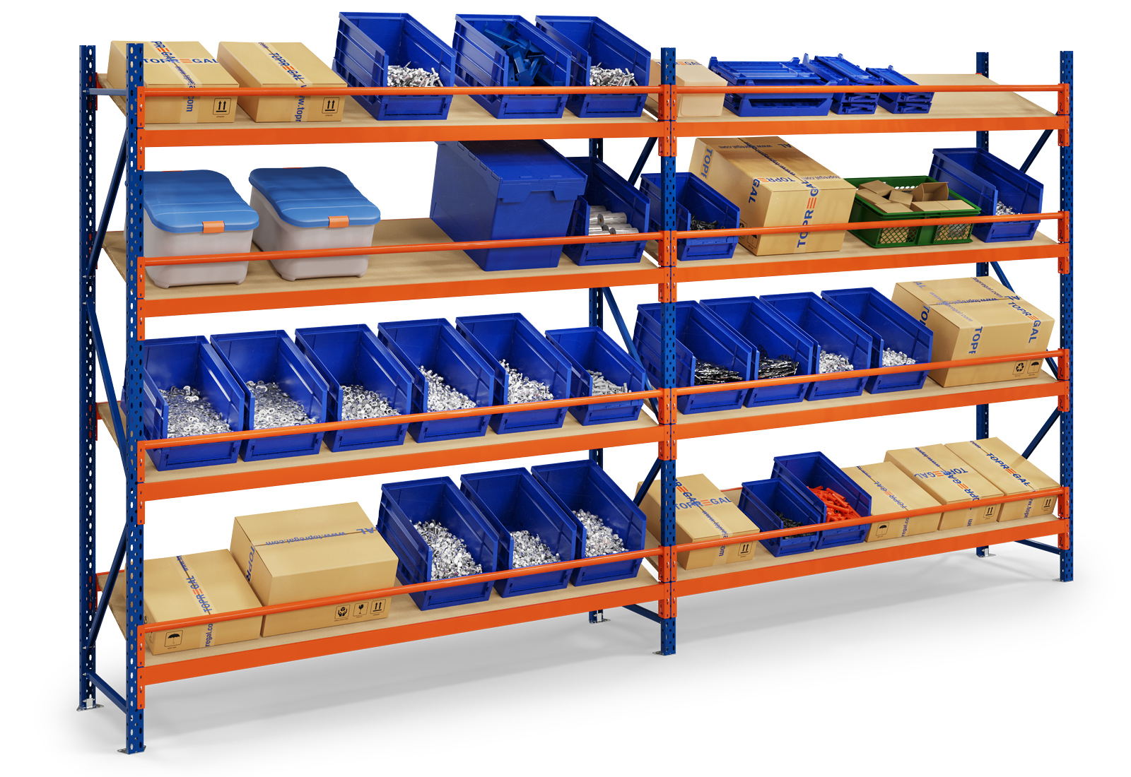 Uso di scaffalature inclinate con scatole di cartone e contenitori a giorno